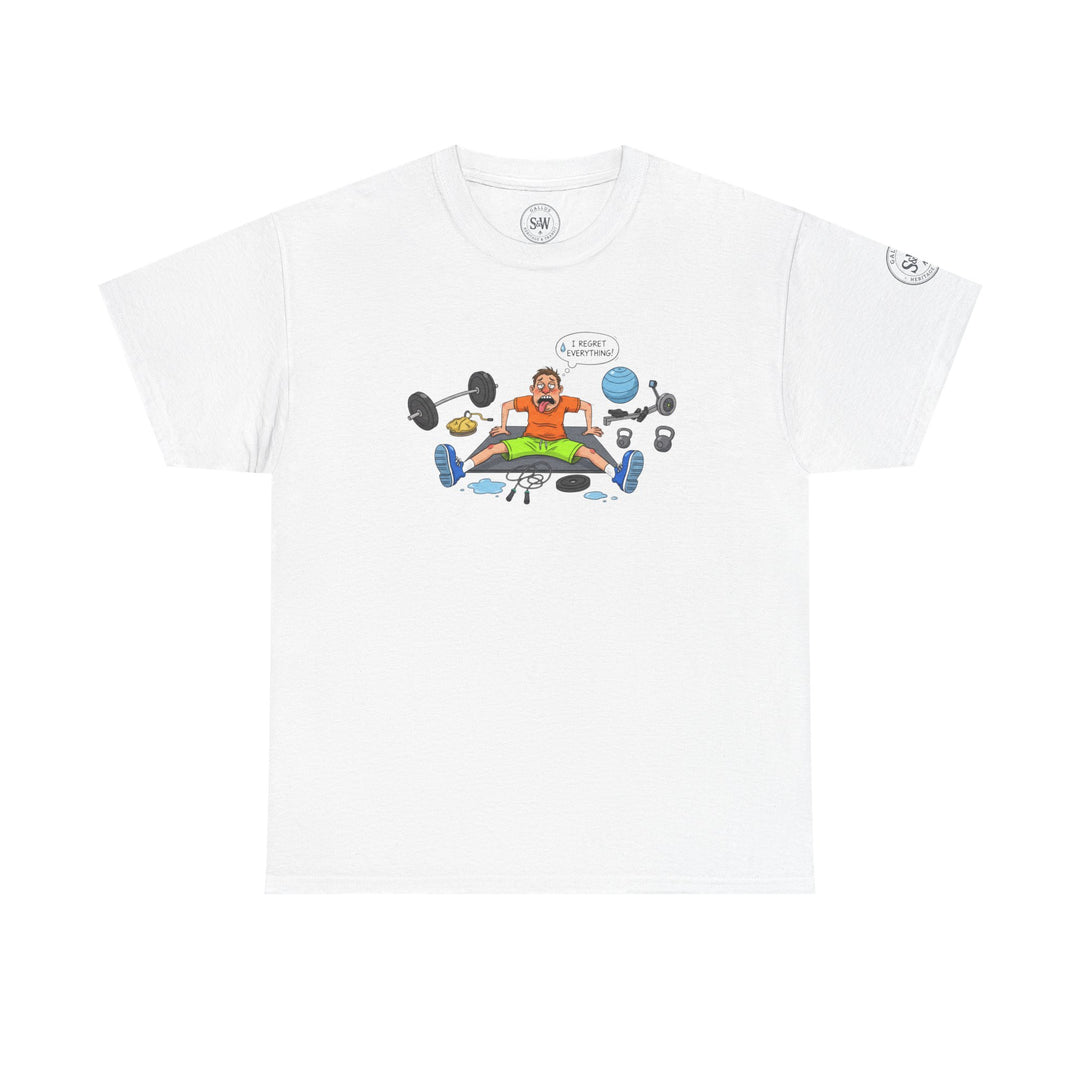 White graphic t-shirt by S&amp;W Gallus featuring a gym cartoon with a funny quote.