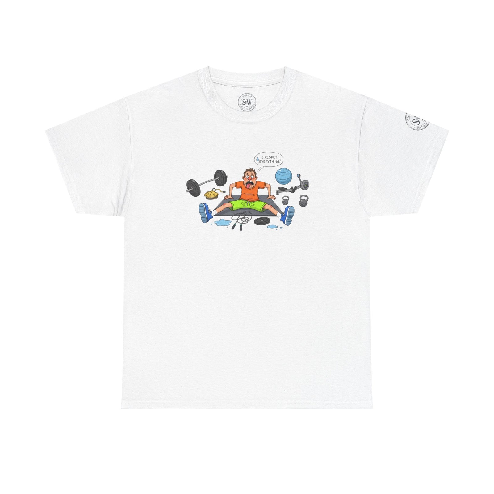 White graphic t-shirt by S&W Gallus featuring a gym cartoon with a funny quote.