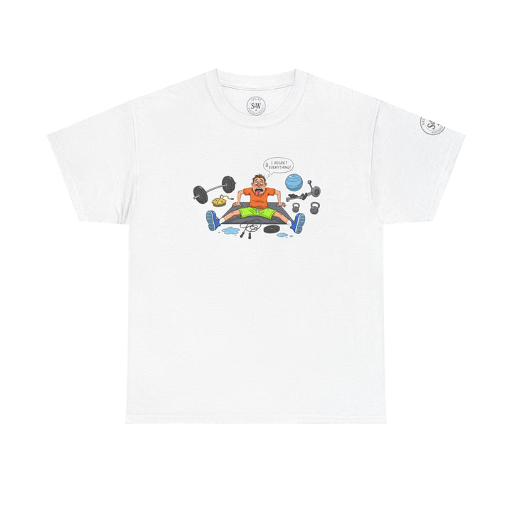 White graphic t-shirt by S&amp;W Gallus featuring a gym cartoon with a funny quote.