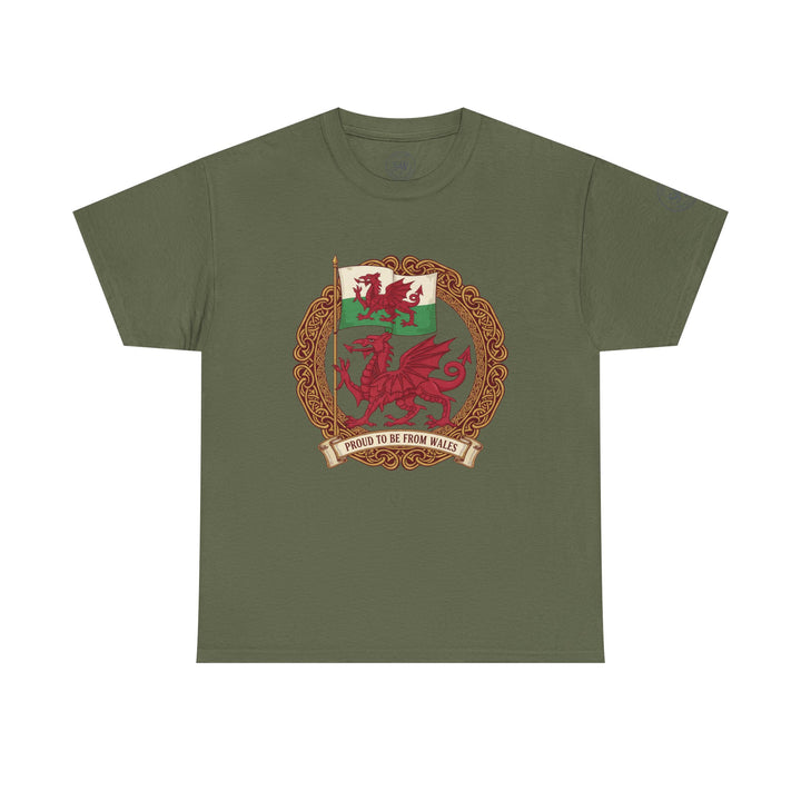 Olive green t-shirt by S&amp;W Gallus, featuring a "Proud to be from Wales" graphic with a Welsh flag and dragon.