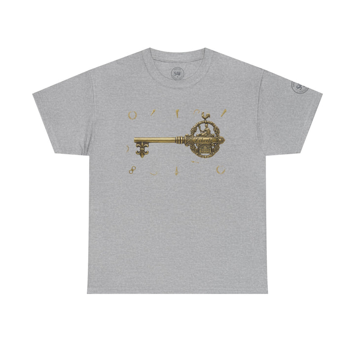 Gray t-shirt by S&amp;W Gallus with a gold key graphic and other gold decorative elements printed on the front.
