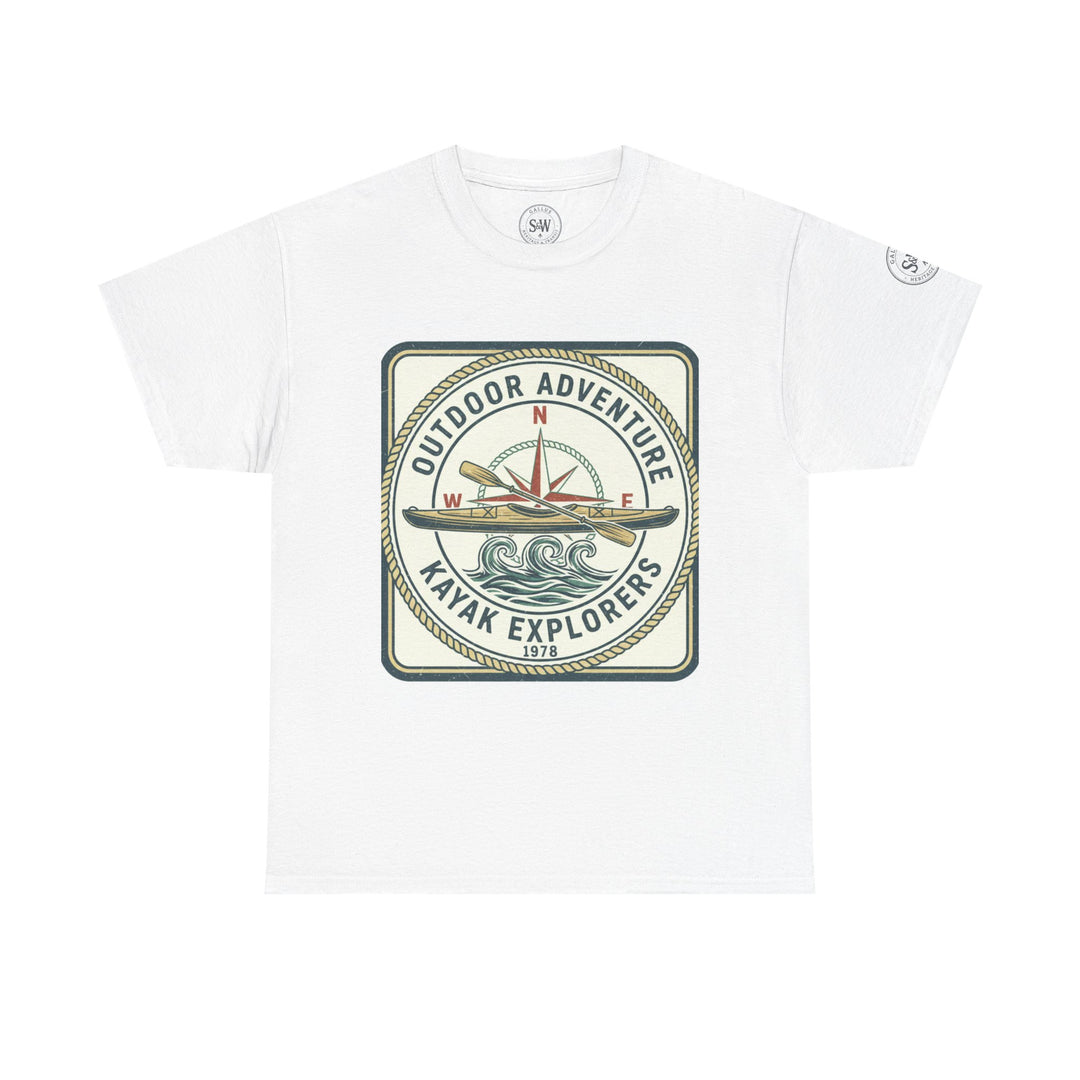 White Kayak Explorers T-shirt by S&amp;W Gallus, featuring a vintage outdoors adventure graphic on the front.
