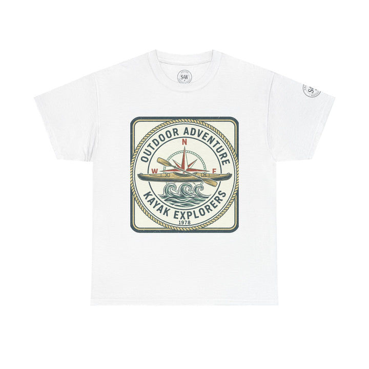 White Kayak Explorers T-shirt by S&amp;W Gallus, featuring a vintage outdoors adventure graphic on the front.