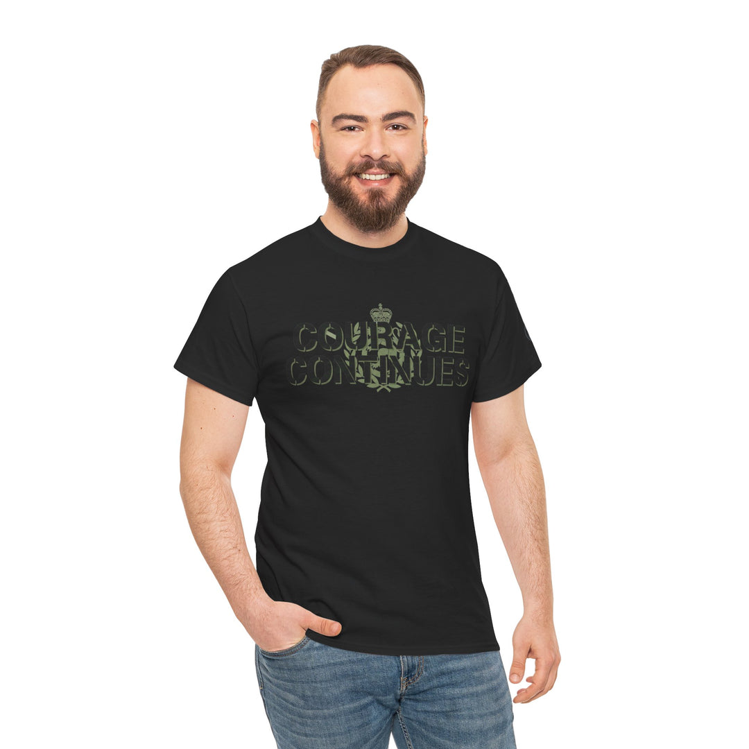 Black Courage Continues PTSD T-shirt by S&amp;W Gallus, featuring a green camouflage text graphic, worn with jeans.