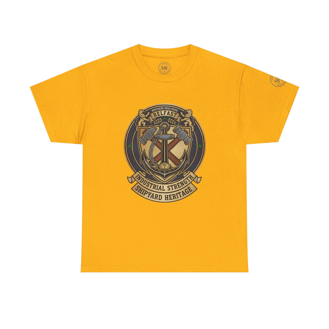 Yellow T-shirt by S&amp;W Gallus, featuring a Northern Irish pride Belfast shipyard heritage logo on the front.