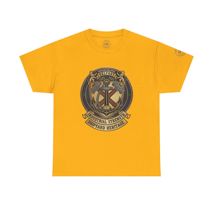 Yellow T-shirt by S&amp;W Gallus, featuring a Northern Irish pride Belfast shipyard heritage logo on the front.
