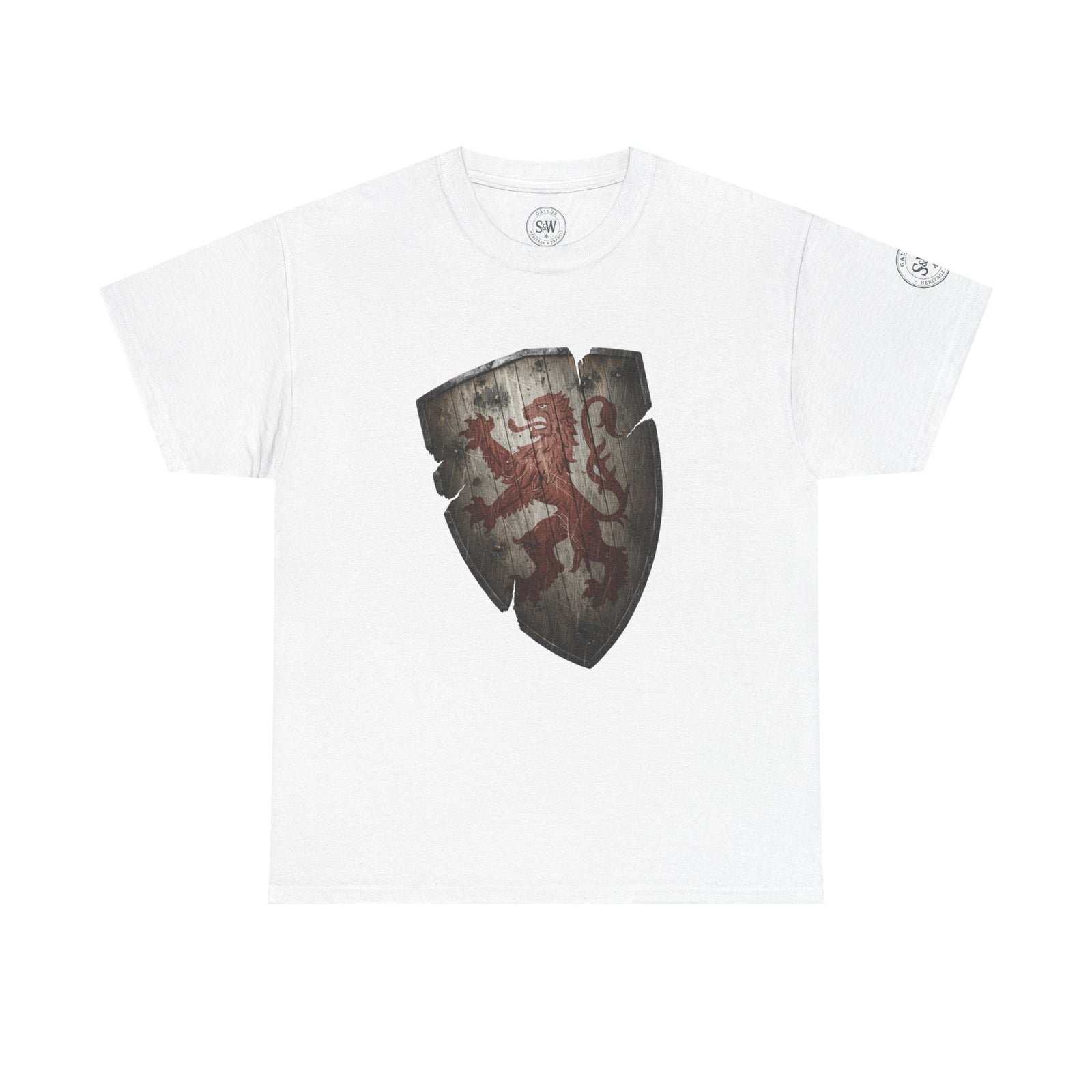 White t-shirt by S&W Gallus, featuring a distressed heraldic shield with a red lion rampant.