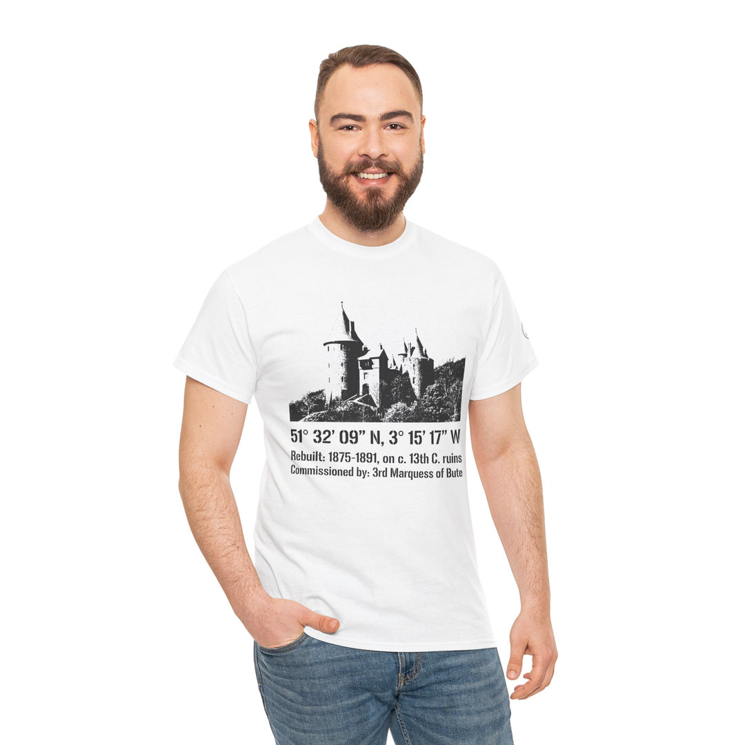 White T-shirt by S&amp;W Gallus featuring a vintage Welsh castle illustration with coordinates and historical details.