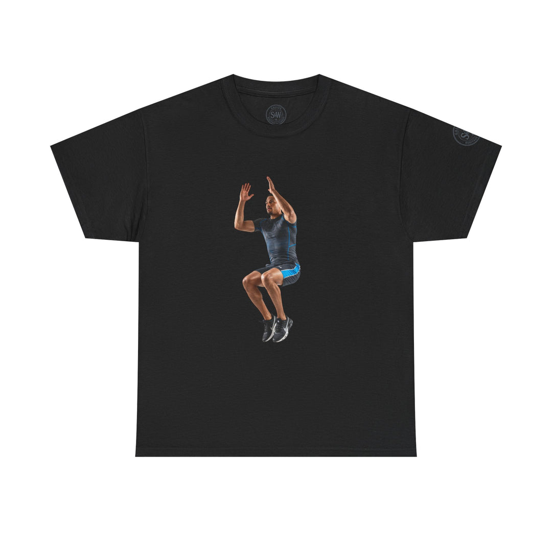 Black T-shirt by S&amp;W Gallus with a person jumping printed on the front, styled with a round neck.