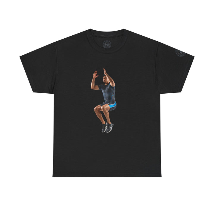 Black T-shirt by S&amp;W Gallus with a person jumping printed on the front, styled with a round neck.