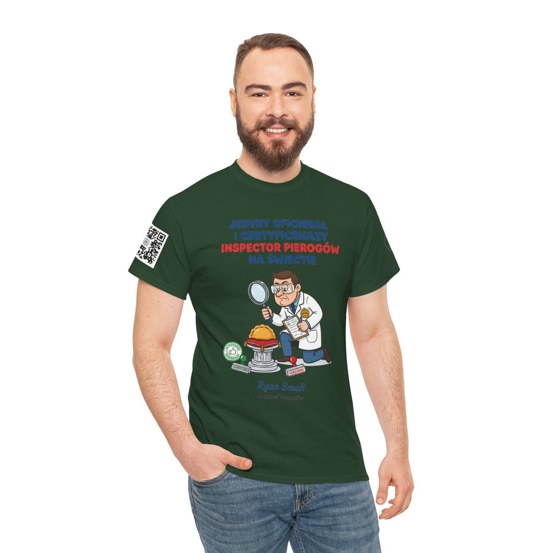 Forest green t-shirt with a cartoon inspector graphic by S&amp;W Gallus, featuring Polish text and a QR code on the sleeve, worn with jeans.
