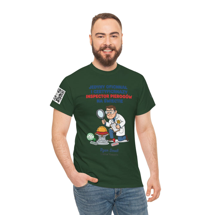 Forest green t-shirt with a cartoon inspector graphic by S&amp;W Gallus, featuring Polish text and a QR code on the sleeve, worn with jeans.
