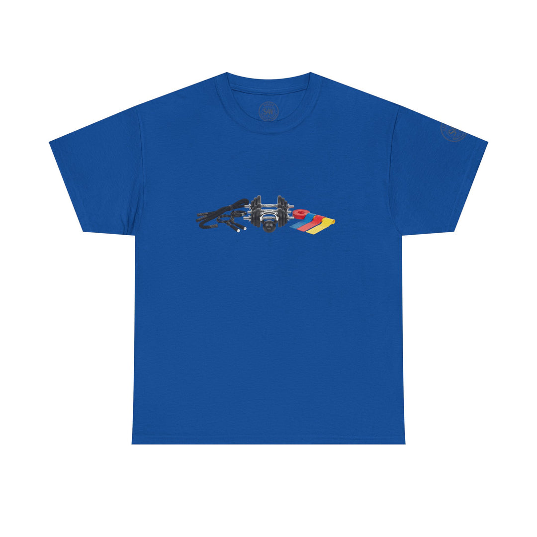 Royal blue t-shirt by S&amp;W Gallus with a circuit set-up graphic on the front.