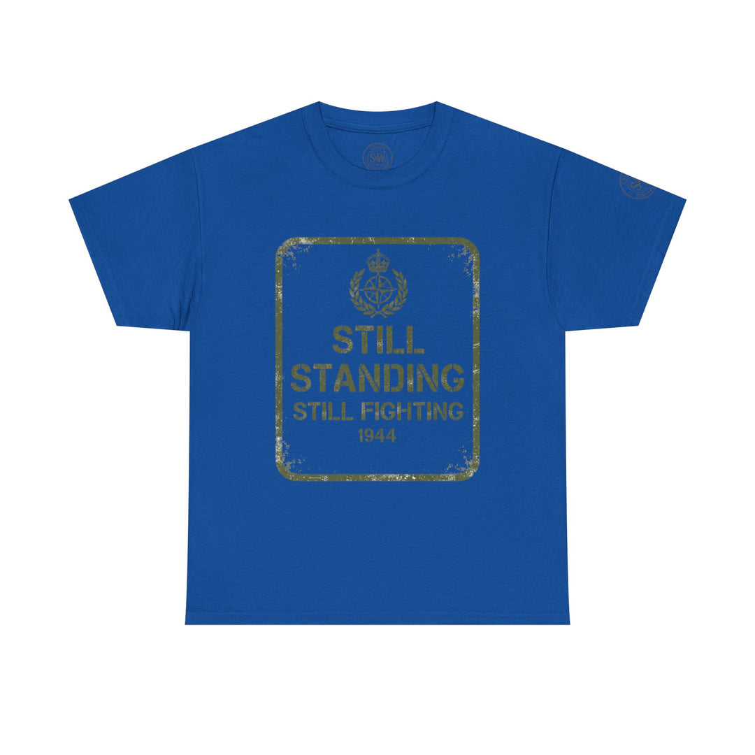 Blue Still Standing PTSD tee by S&amp;W Gallus with a vintage military-inspired graphic.