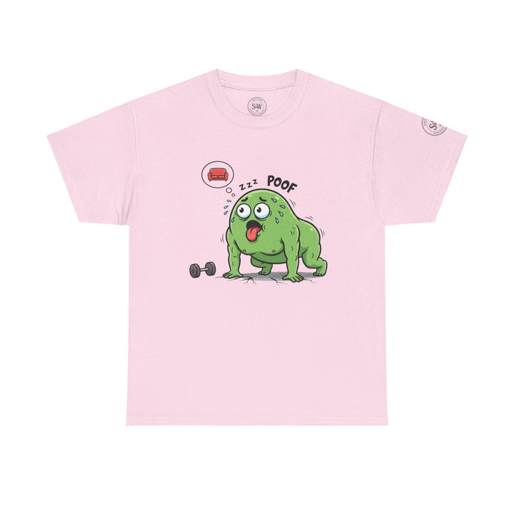 Pink t-shirt by S&amp;W Gallus featuring a cartoon of a tired, sweaty green monster next to a dumbbell.
