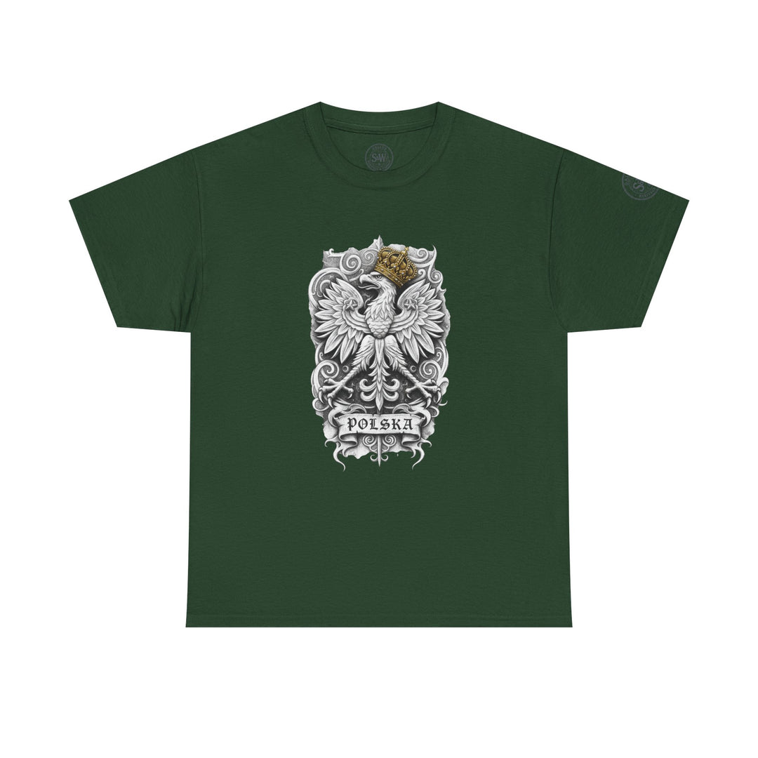 Forest green t-shirt by S&amp;W Gallus, featuring the Polish eagle crest with a crown and "Polska" text.