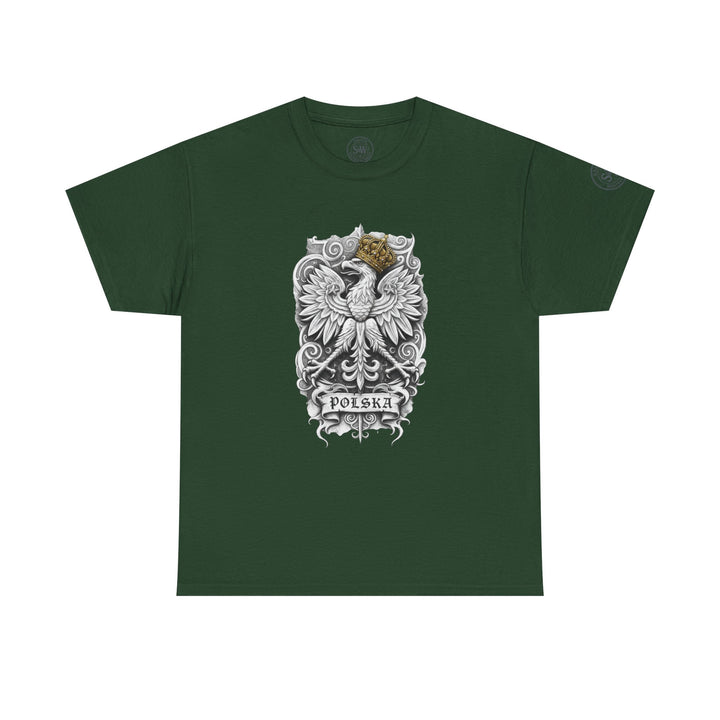 Forest green t-shirt by S&amp;W Gallus, featuring the Polish eagle crest with a crown and "Polska" text.