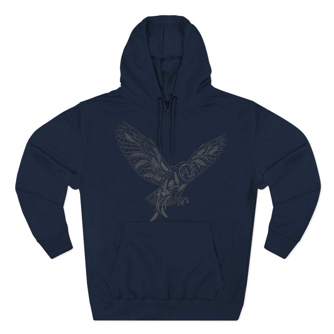 Navy hoodie by S&amp;W Gallus, featuring a detailed barn owl illustration with outstretched wings on the front.
