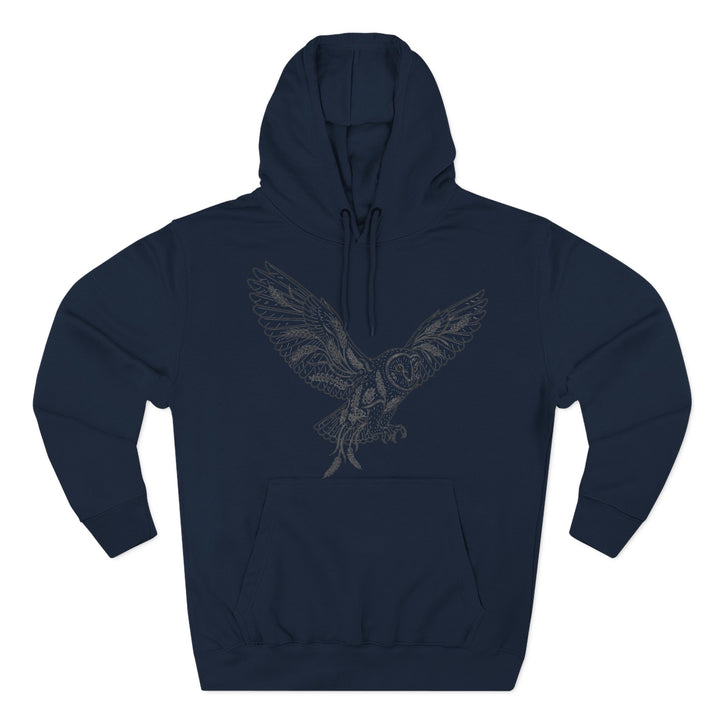 Navy hoodie by S&amp;W Gallus, featuring a detailed barn owl illustration with outstretched wings on the front.