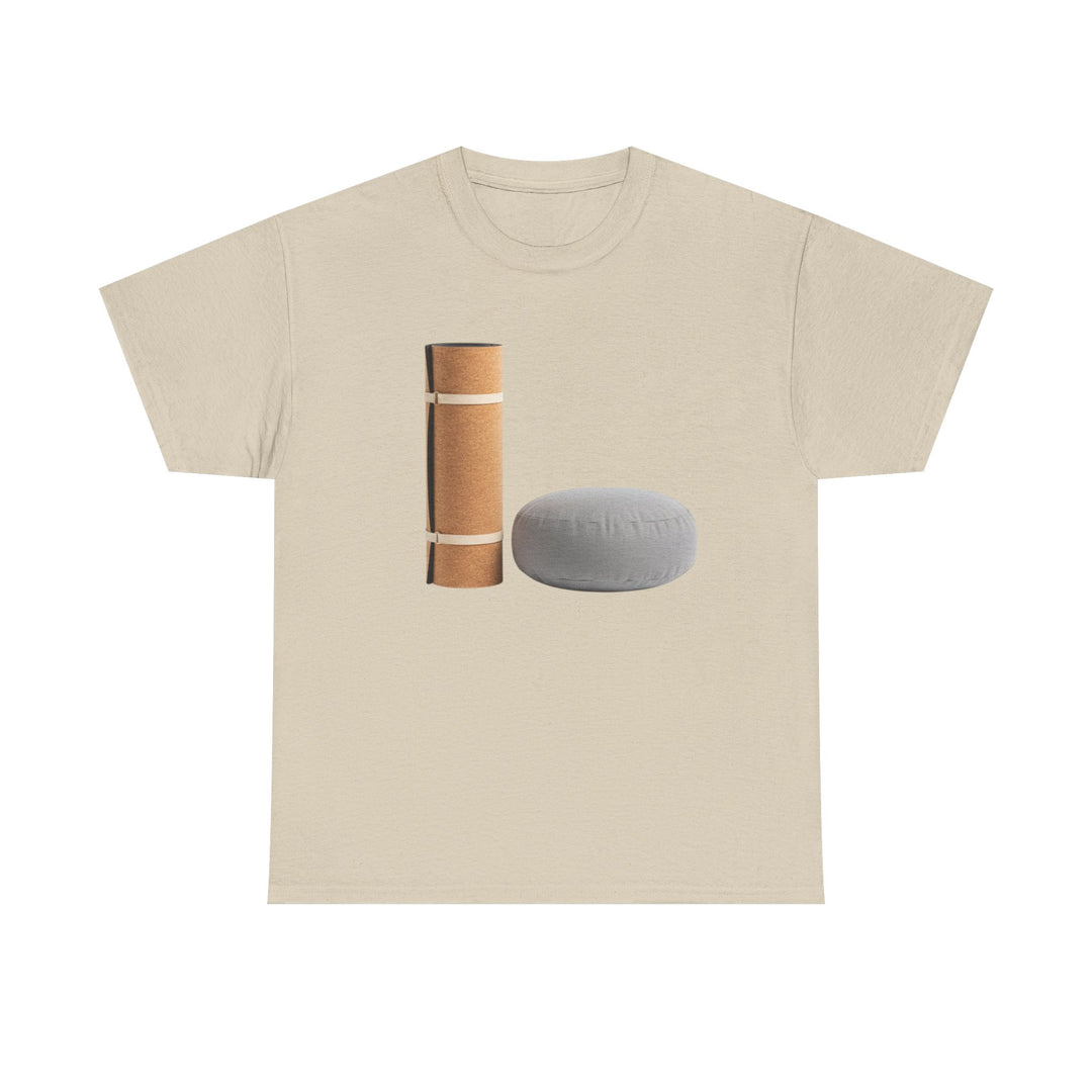 Mat &amp; Meditation Cushion Tee – soft, breathable cotton featuring a yoga-inspired design. Perfect for meditation, studio practice, or mindful everyday wear.