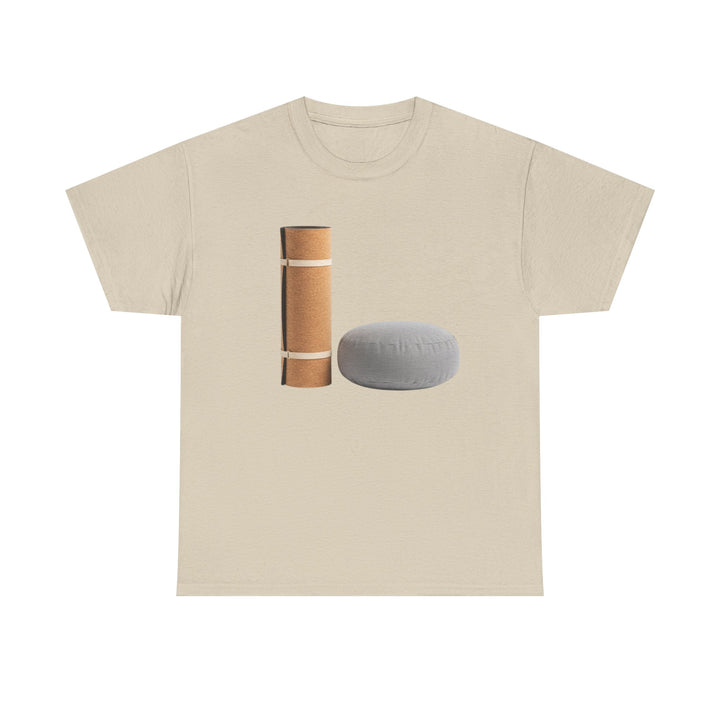 Mat &amp; Meditation Cushion Tee – soft, breathable cotton featuring a yoga-inspired design. Perfect for meditation, studio practice, or mindful everyday wear.