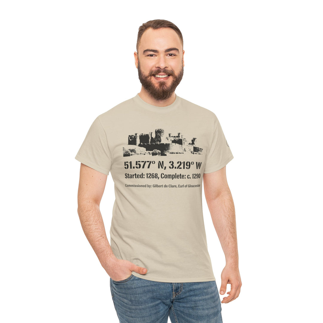 Tan t-shirt by S&amp;W Gallus featuring Caerphilly Castle graphic, styled with blue jeans.