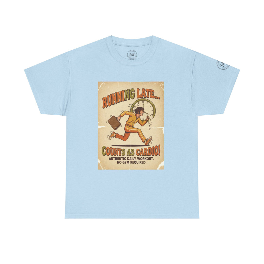Light blue t-shirt by S&amp;W Gallus featuring a retro graphic of a person running late in a vintage style.