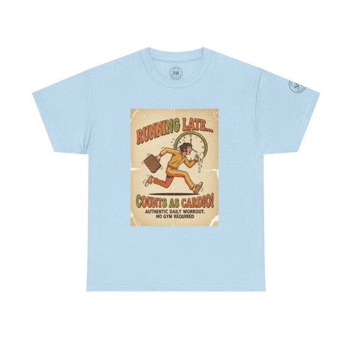 Light blue t-shirt by S&amp;W Gallus featuring a retro graphic of a person running late in a vintage style.