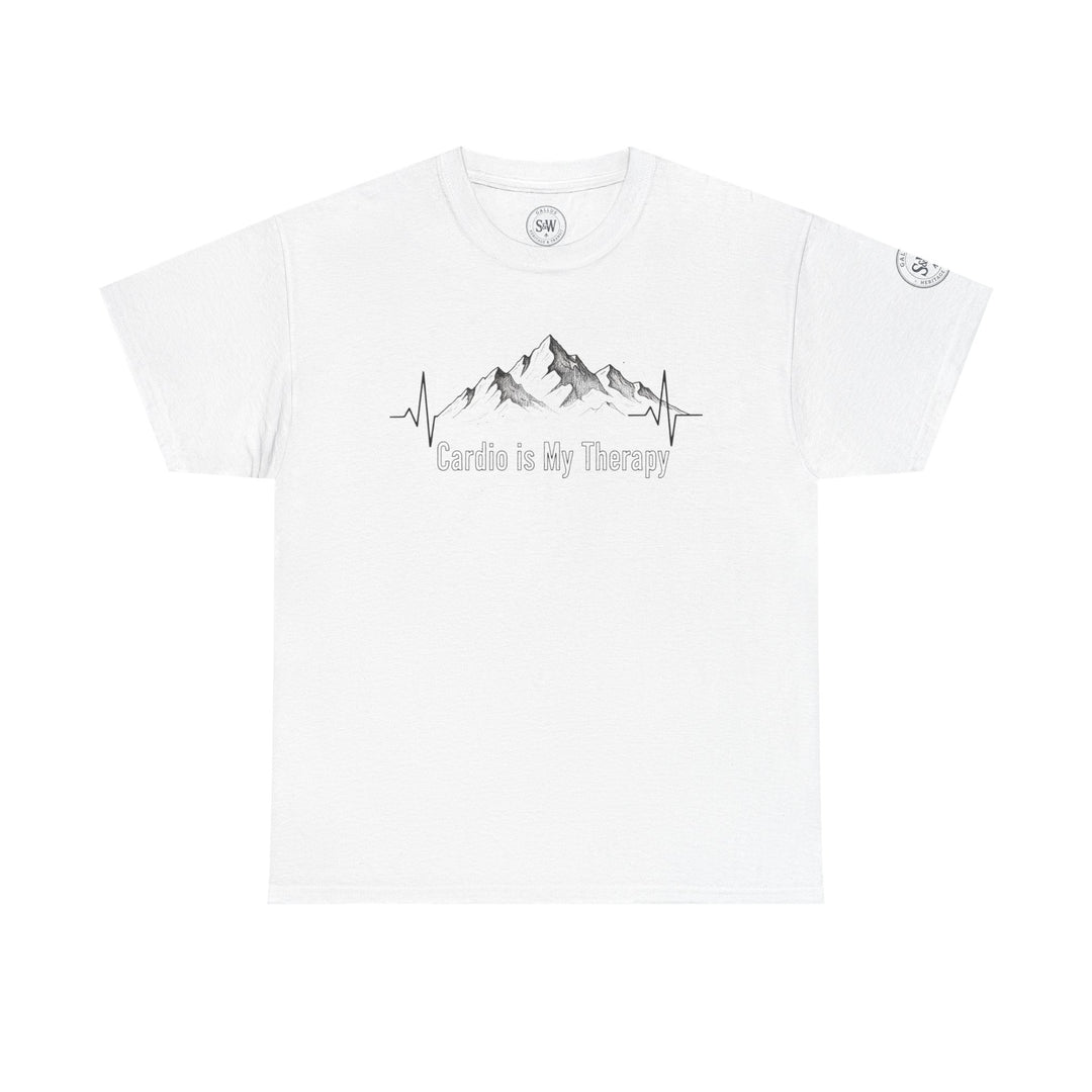 White graphic t-shirt by S&amp;W Gallus featuring a mountain illustration with a heartbeat line and text.