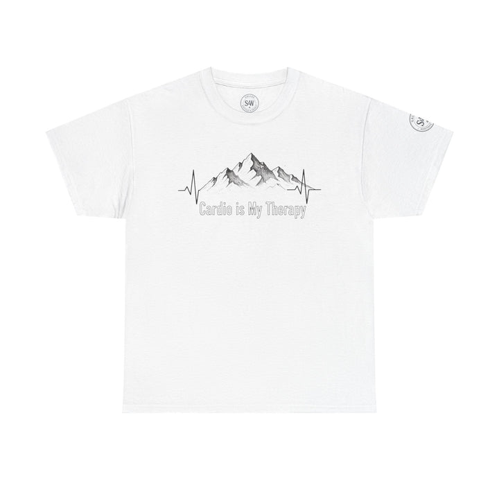 White graphic t-shirt by S&amp;W Gallus featuring a mountain illustration with a heartbeat line and text.