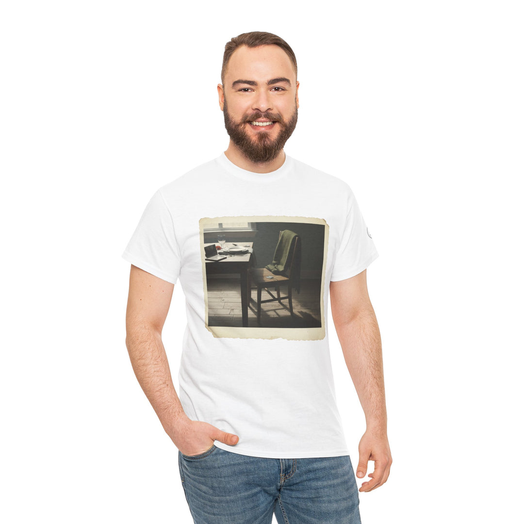 White Empty Study Room Tee by S&amp;W Gallus, featuring a vintage-style photo print on the chest, worn with blue jeans.
