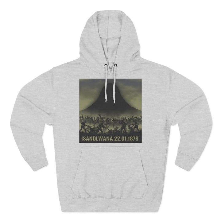 Grey hoodie by S&amp;W Gallus featuring an Isandlwana battle graphic against a mountain backdrop.