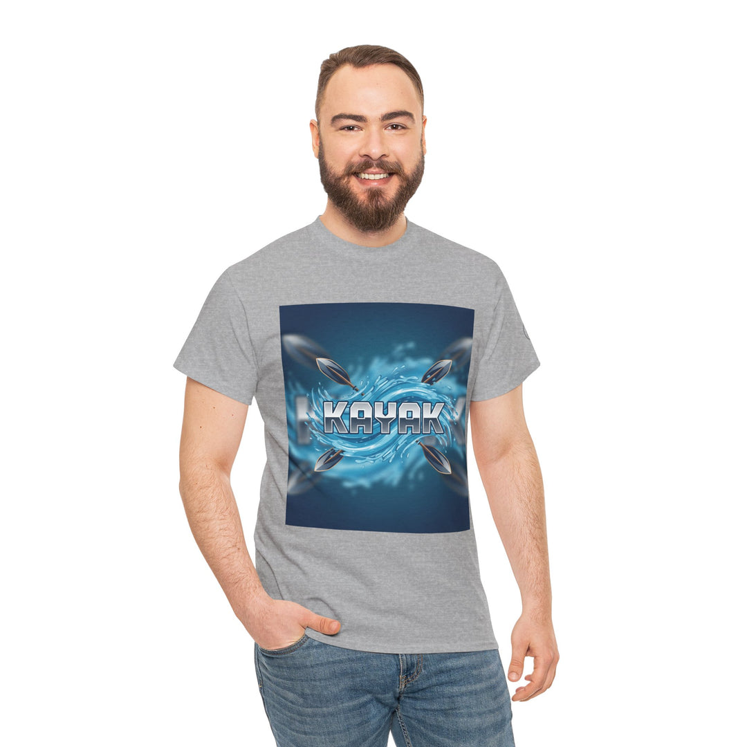 Gray graphic t-shirt by S&amp;W Gallus featuring a "Kayak" text design with paddles and water graphics, paired with casual jeans.