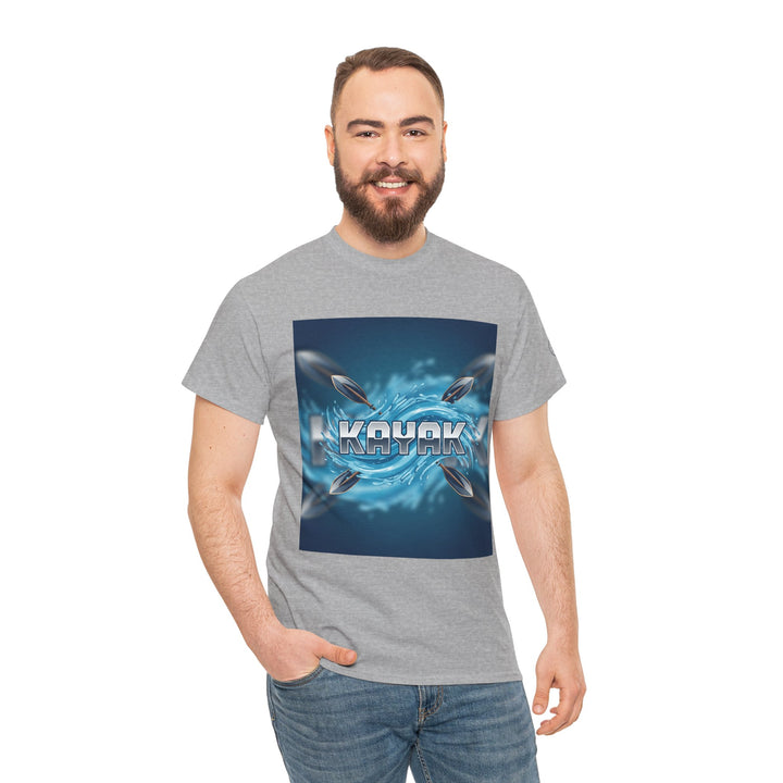 Gray graphic t-shirt by S&amp;W Gallus featuring a "Kayak" text design with paddles and water graphics, paired with casual jeans.
