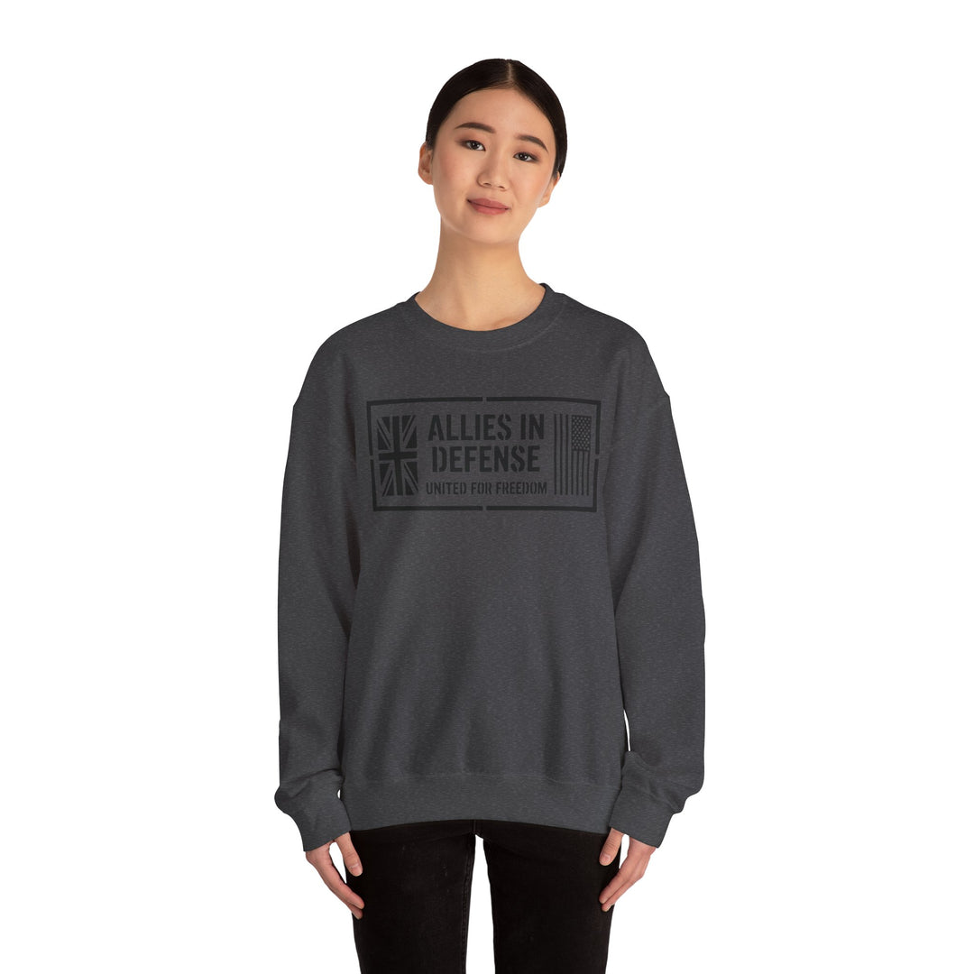 Dark gray crewneck sweatshirt with a graphic by S&amp;W Gallus, featuring United Kingdom and American flag elements.

