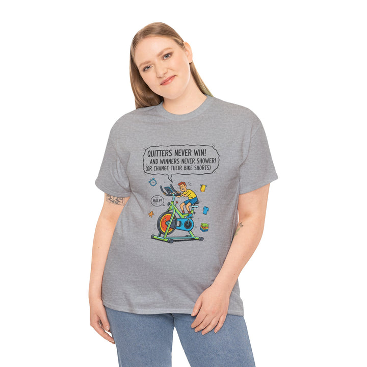 Spin Motivational Tee – soft, breathable cotton featuring an inspiring cycling graphic. Perfect for spin classes, workouts, and active lifestyle wear.