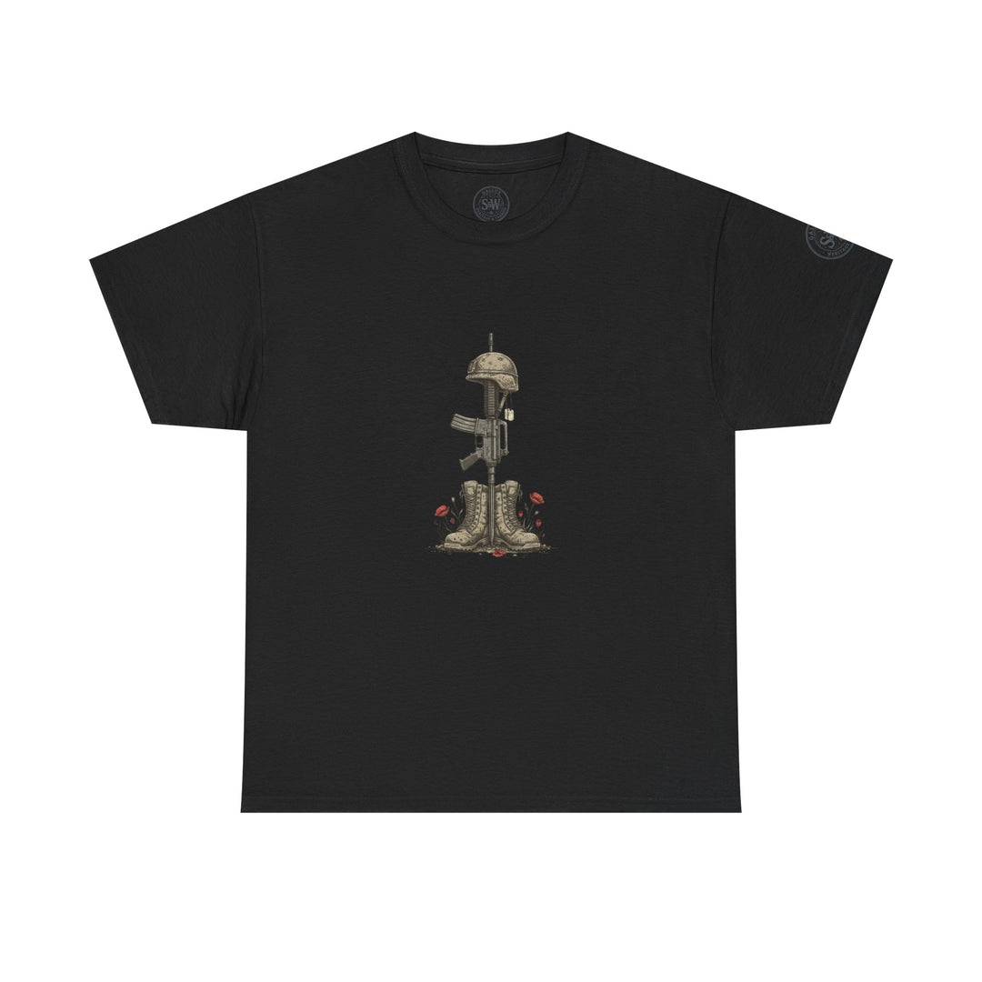 Black t-shirt by S&amp;W Gallus, featuring a military tribute design with boots, helmet, and rifle.