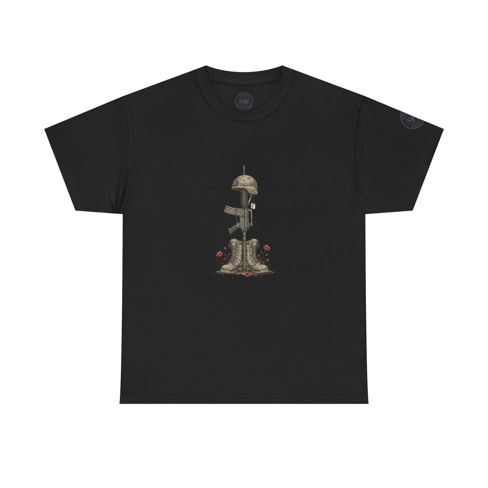 Black t-shirt by S&W Gallus, featuring a military tribute design with boots, helmet, and rifle.