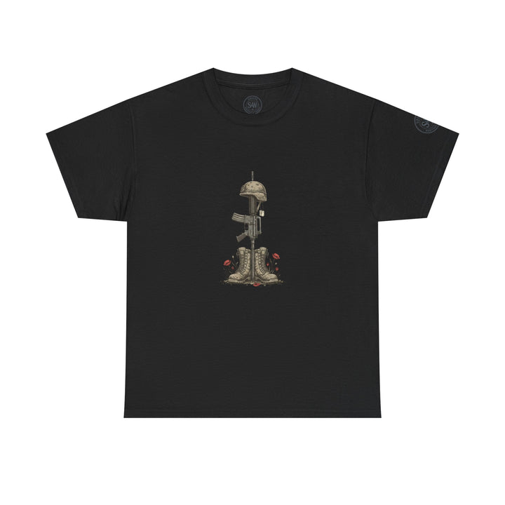 Black t-shirt by S&amp;W Gallus, featuring a military tribute design with boots, helmet, and rifle.