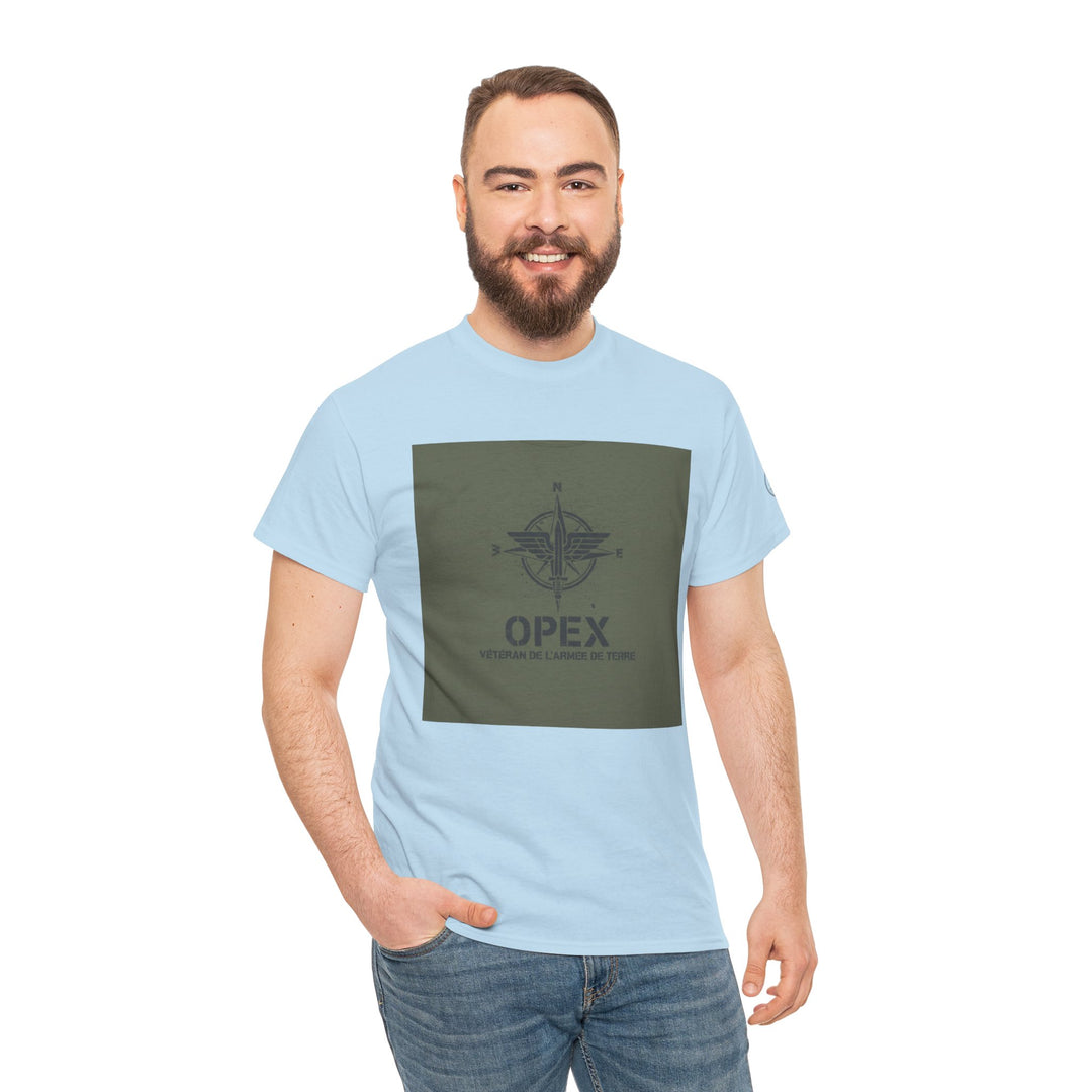 Light blue OPEX T-shirt from S&amp;W Gallus with a square graphic in olive drab on the front.