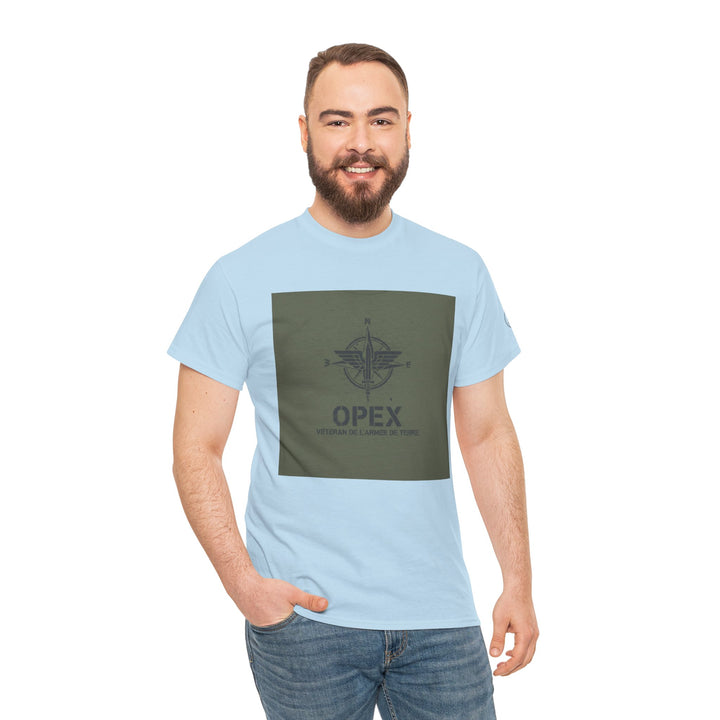 Light blue OPEX T-shirt from S&amp;W Gallus with a square graphic in olive drab on the front.