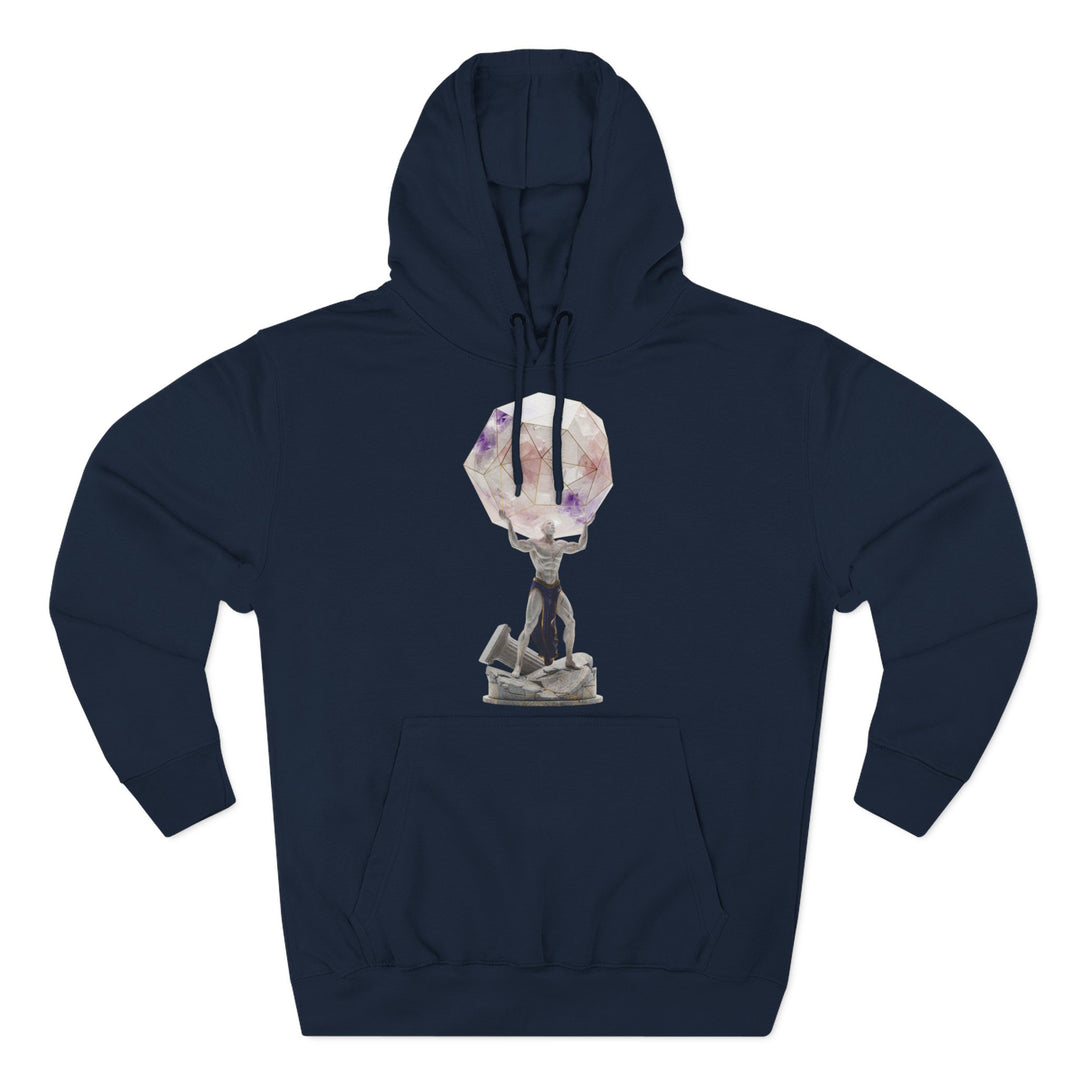 Navy blue hoodie by S&amp;W Gallus featuring a graphic of Atlas holding a geometric patterned gemstone.