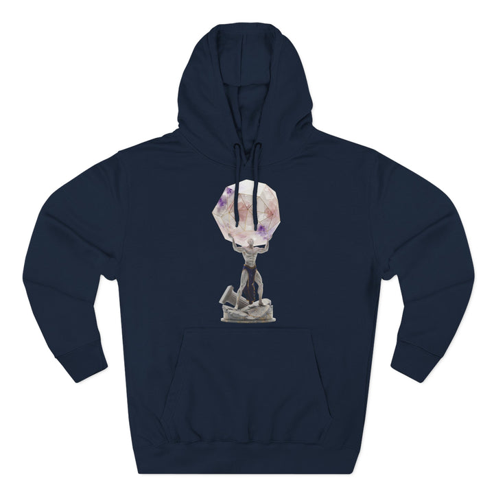 Navy blue hoodie by S&amp;W Gallus featuring a graphic of Atlas holding a geometric patterned gemstone.