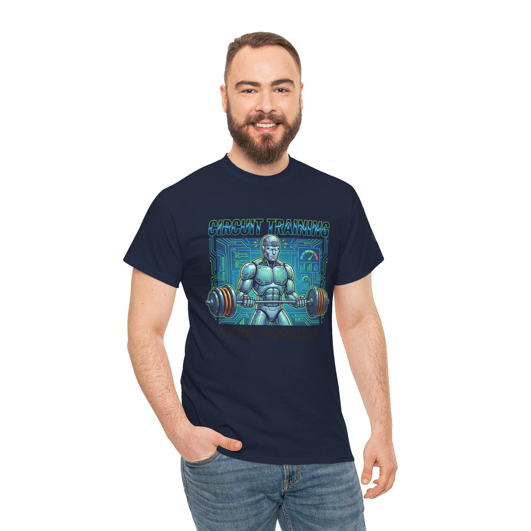 Navy graphic T-shirt by Veteran owned, featuring a robot weightlifter and "Circuit Training Nerd Workout" text.