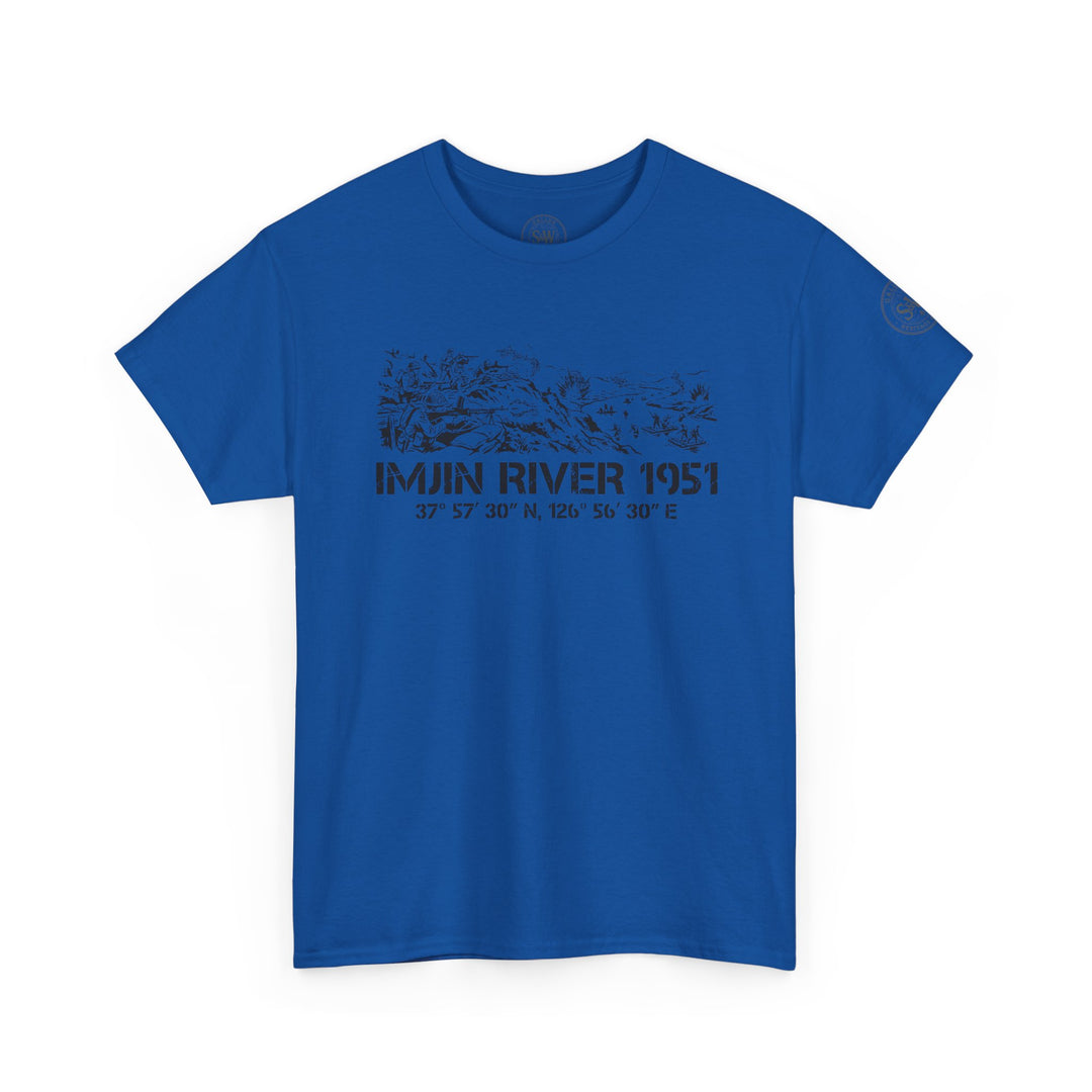 Blue Imjin River 1951 t-shirt by S&amp;W Gallus, featuring a Korean War graphic on the front.