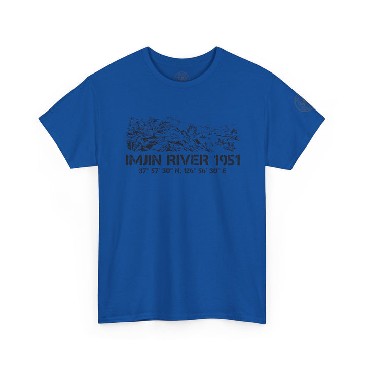 Blue Imjin River 1951 t-shirt by S&amp;W Gallus, featuring a Korean War graphic on the front.
