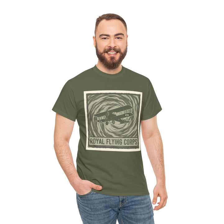 Olive green t-shirt by S&amp;W Gallus featuring a vintage airplane graphic, styled on a smiling man wearing jeans.