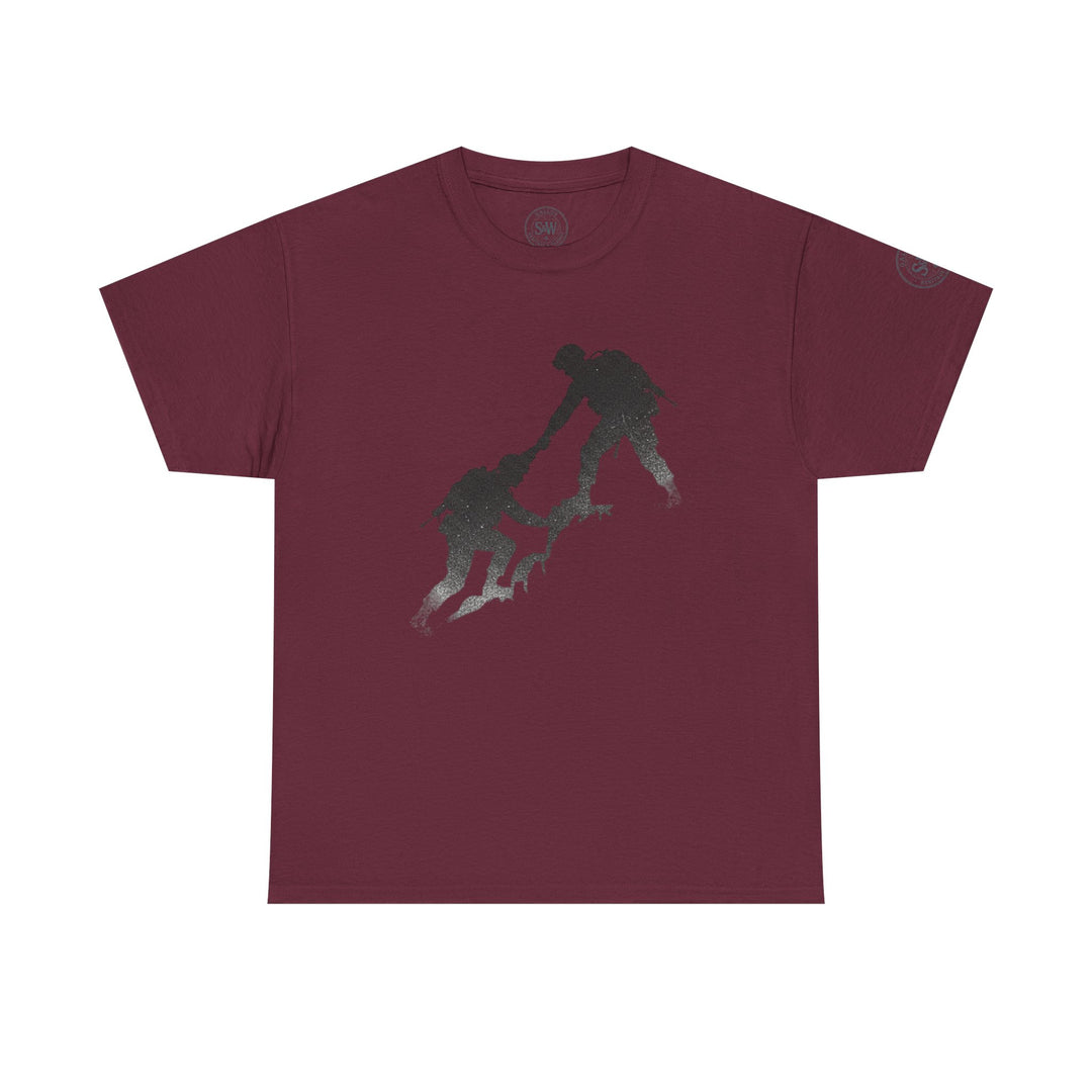 Maroon t-shirt by S&amp;W Gallus featuring a climbing silhouette graphic.