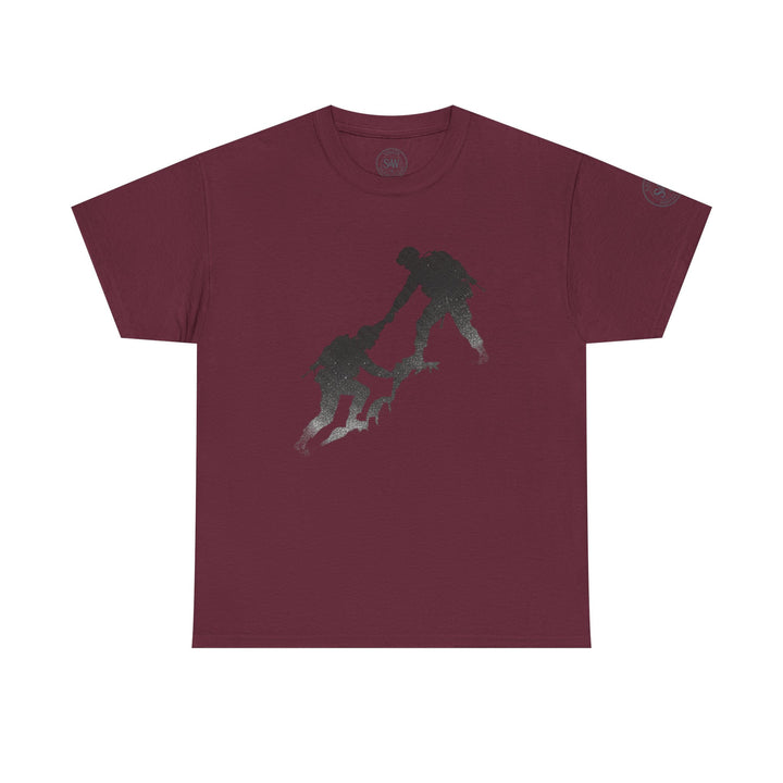 Maroon t-shirt by S&amp;W Gallus featuring a climbing silhouette graphic.