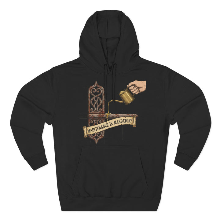 Black hoodie by S&amp;W Gallus featuring a "Maintenance is Mandatory" graphic.